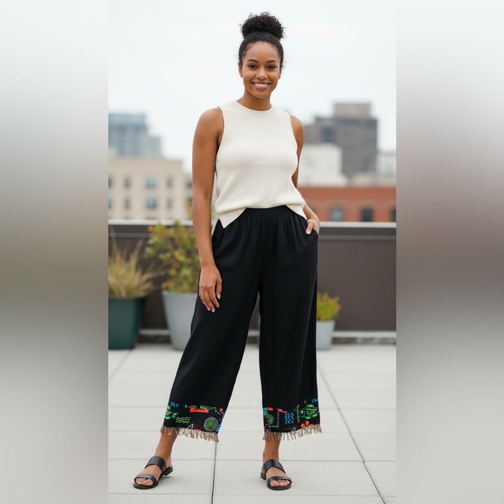 Women’s Size Large Black Cropped Pants with Colorful Beaded Trim